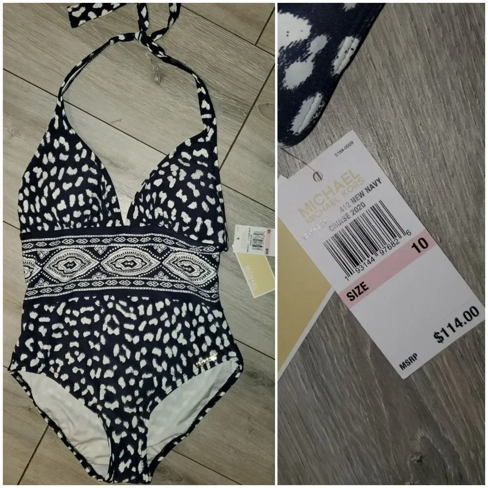 Michael Kors halter Navy/white women's size 10 one piece smooth shaper swimsuit